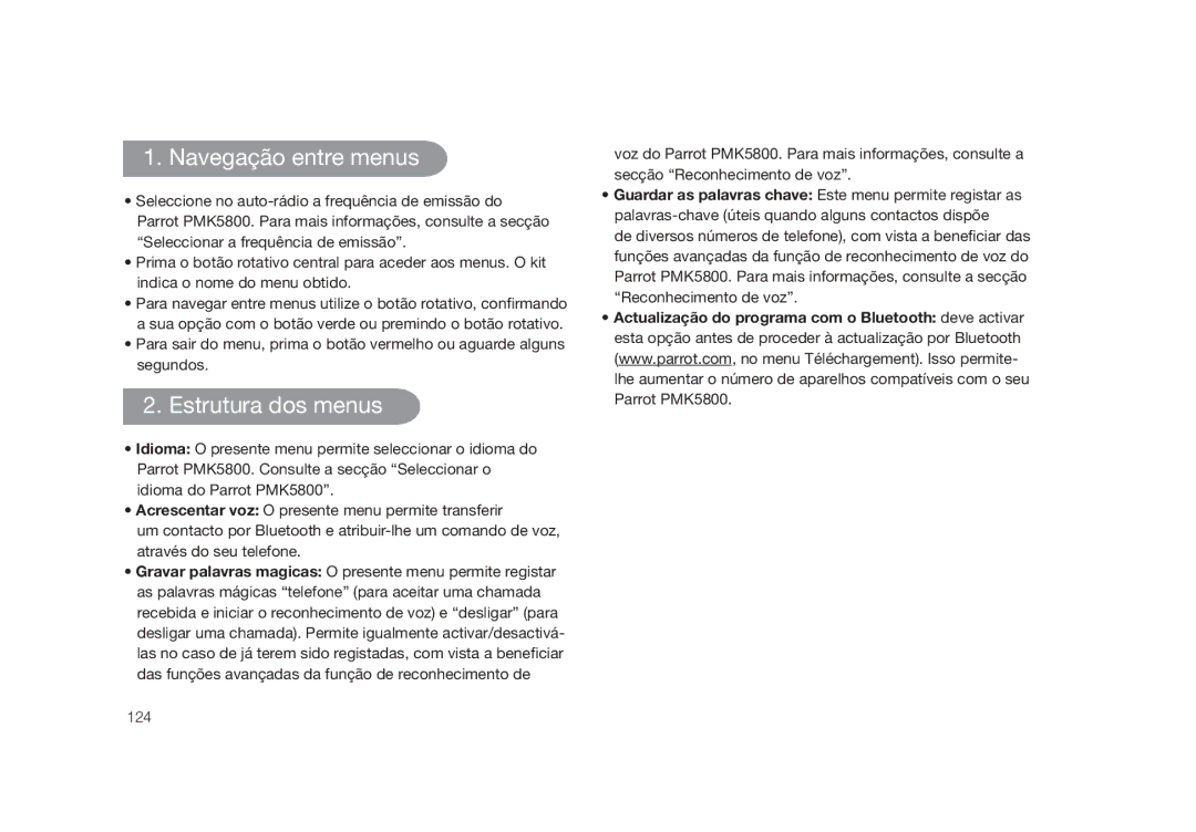 Parrot PMK5800 user manual Navegação entre menus, Estrutura dos menus 