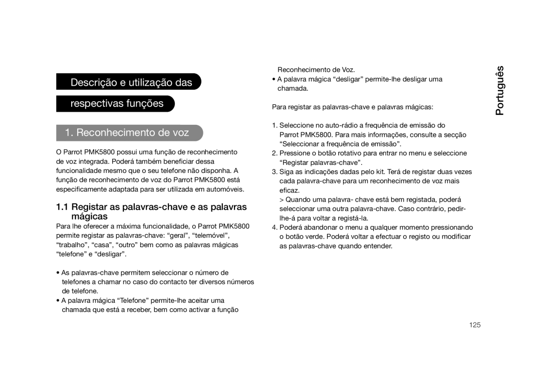 Parrot PMK5800 user manual Registar as palavras-chave e as palavras mágicas 