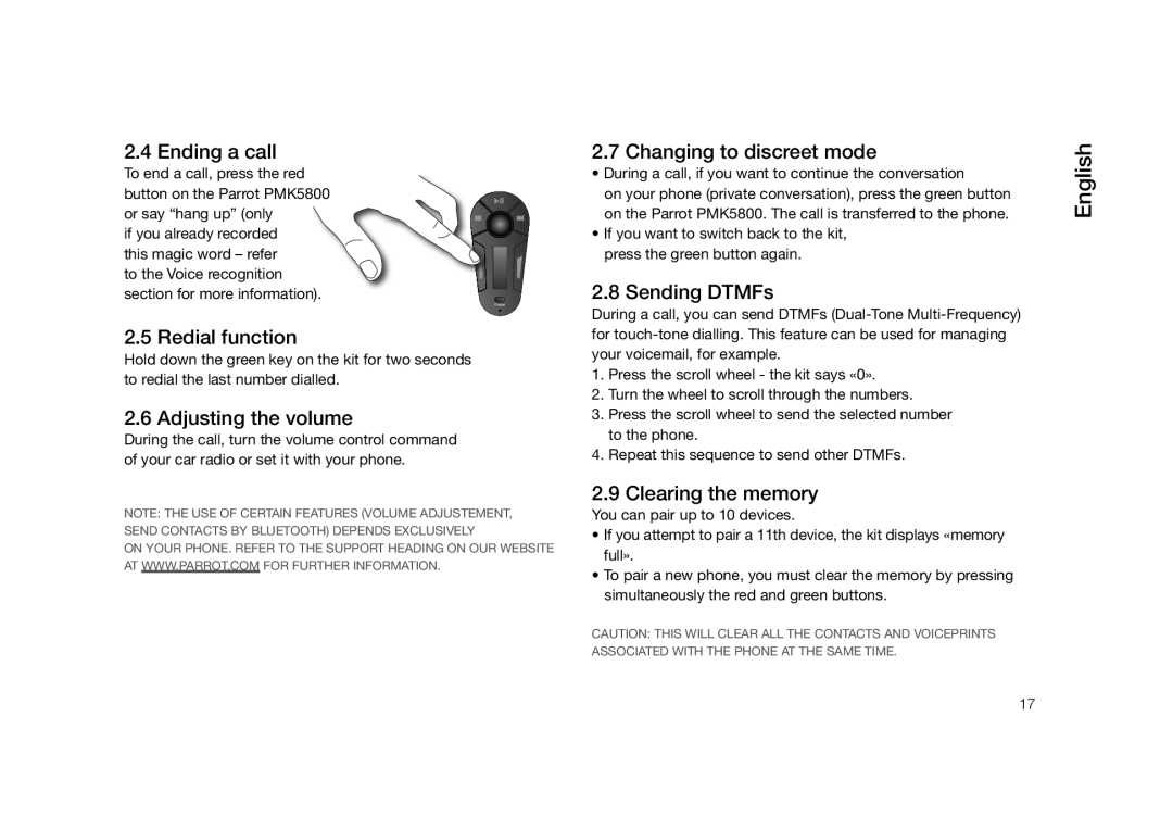 Parrot PMK5800 user manual Ending a call, Redial function, Adjusting the volume, Changing to discreet mode, Sending DTMFs 