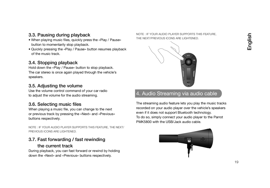 Parrot PMK5800 Audio Streaming via audio cable, Pausing during playback, Stopping playback, Selecting music files 