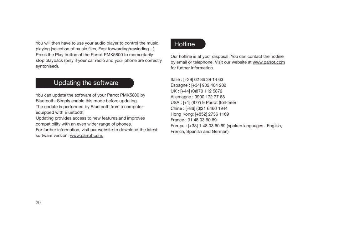 Parrot PMK5800 user manual Updating the software, Hotline 