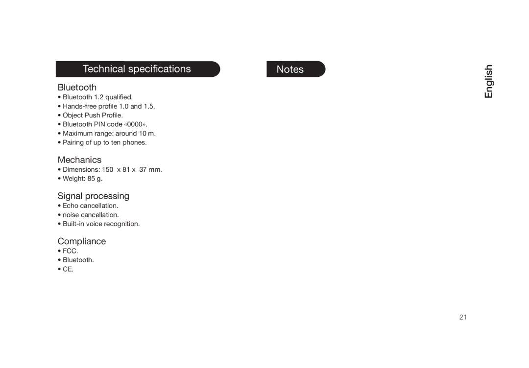 Parrot PMK5800 user manual Technical specifications, Bluetooth, Mechanics, Signal processing, Compliance 