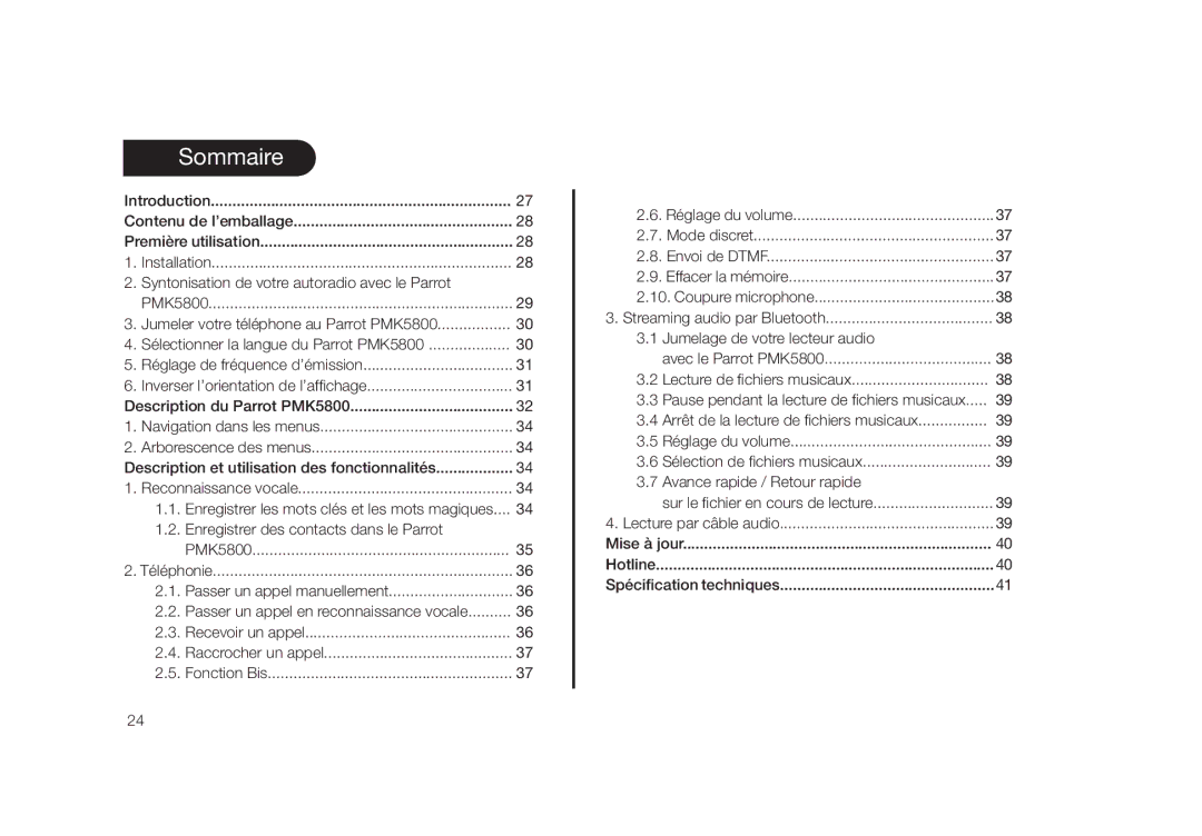 Parrot PMK5800 user manual Sommaire 