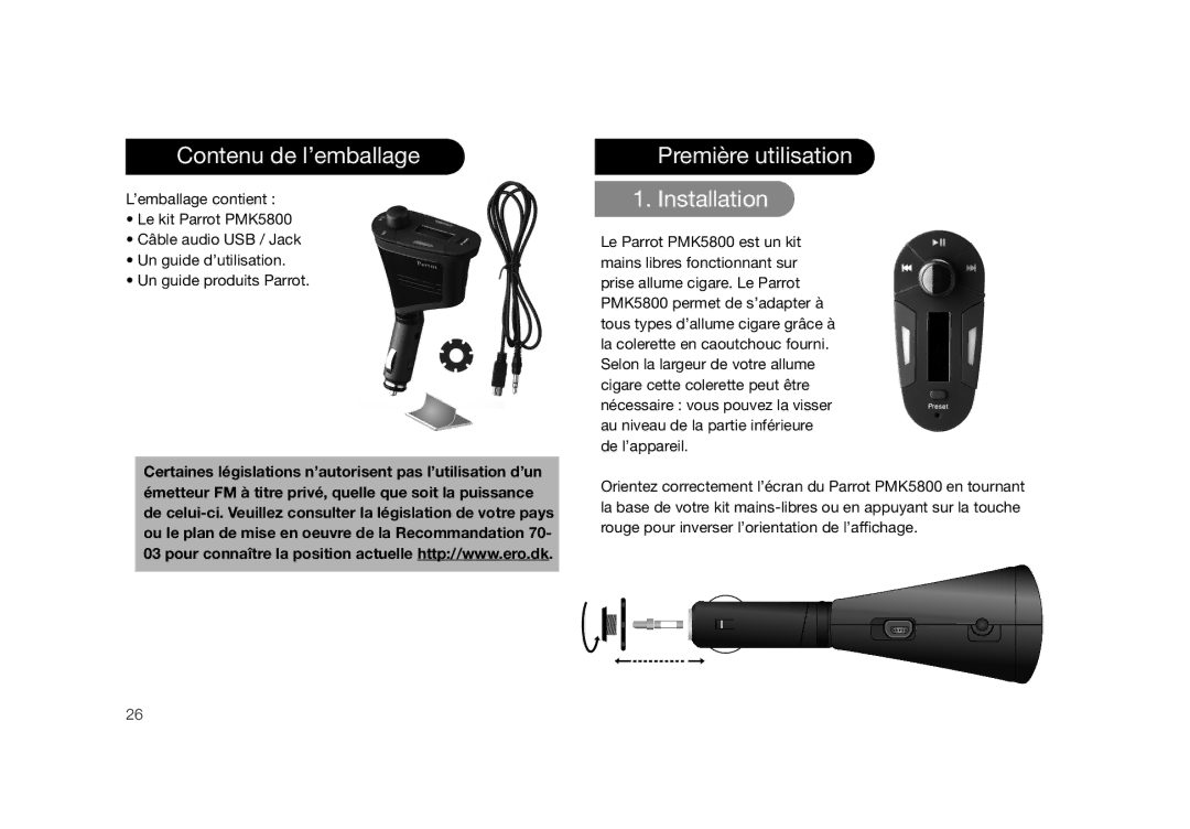 Parrot PMK5800 user manual Contenu de l’emballage, Première utilisation Installation 