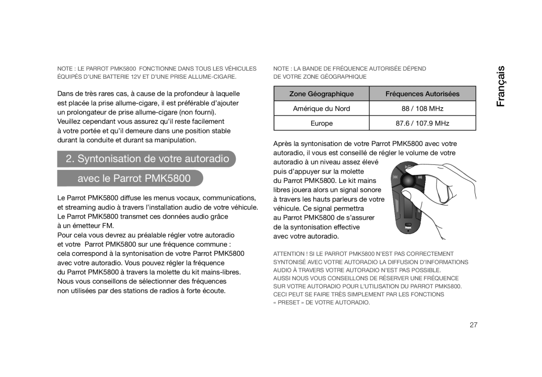 Parrot user manual Syntonisation de votre autoradio Avec le Parrot PMK5800, Avec votre autoradio 