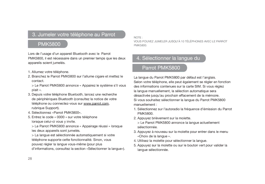 Parrot user manual Jumeler votre téléphone au Parrot PMK5800, Sélectionner la langue du Parrot PMK5800 