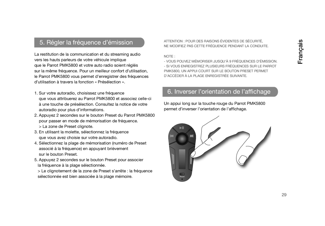 Parrot PMK5800 user manual Régler la fréquence d’émission, Inverser l’orientation de l’affichage 