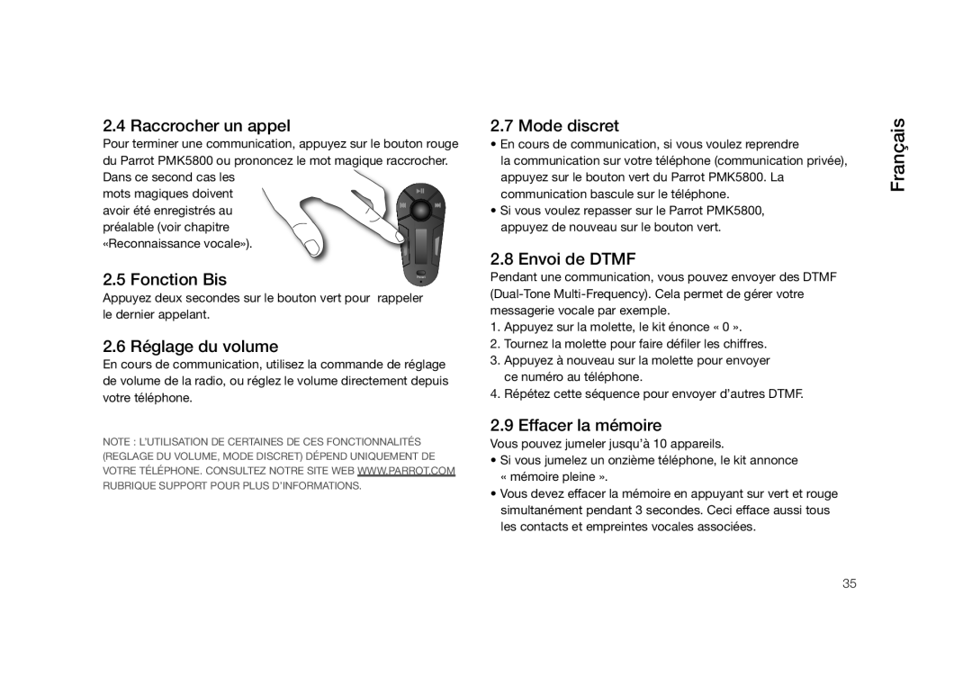 Parrot PMK5800 user manual Raccrocher un appel, Réglage du volume, Mode discret, Envoi de Dtmf, Effacer la mémoire 