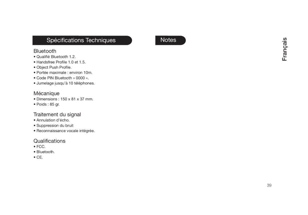 Parrot PMK5800 user manual Spécifications Techniques, Mécanique, Traitement du signal, Qualifications 