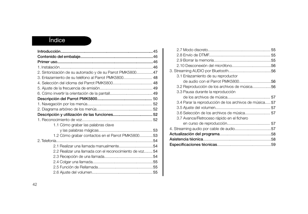 Parrot PMK5800 user manual Índice 