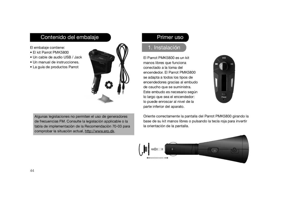 Parrot PMK5800 user manual Contenido del embalaje, Primer uso 1. Instalación 