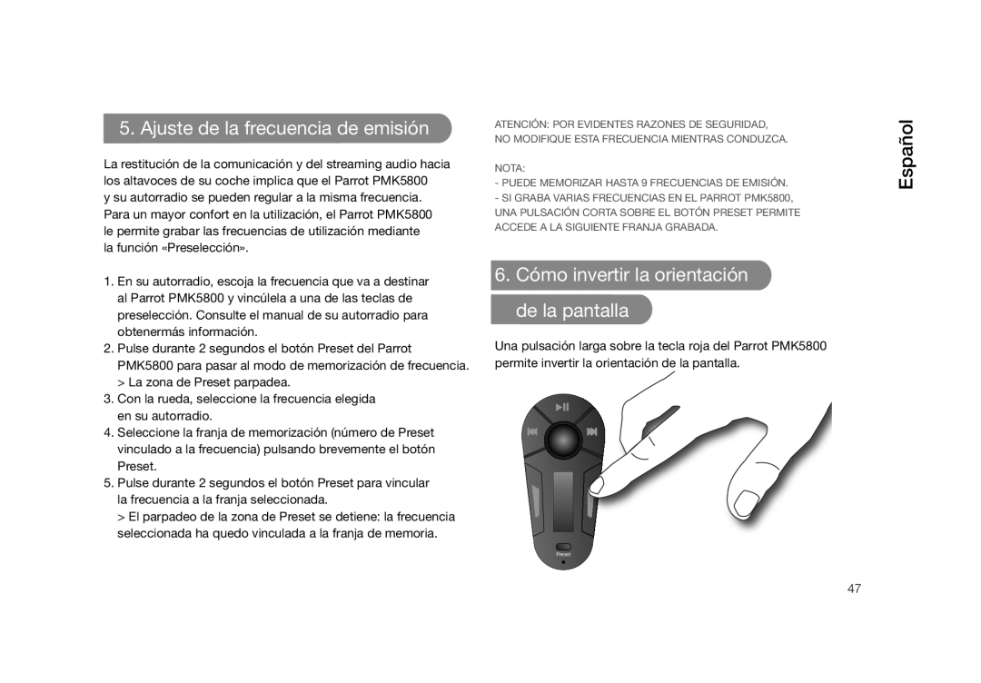 Parrot PMK5800 user manual Ajuste de la frecuencia de emisión, Cómo invertir la orientación de la pantalla 