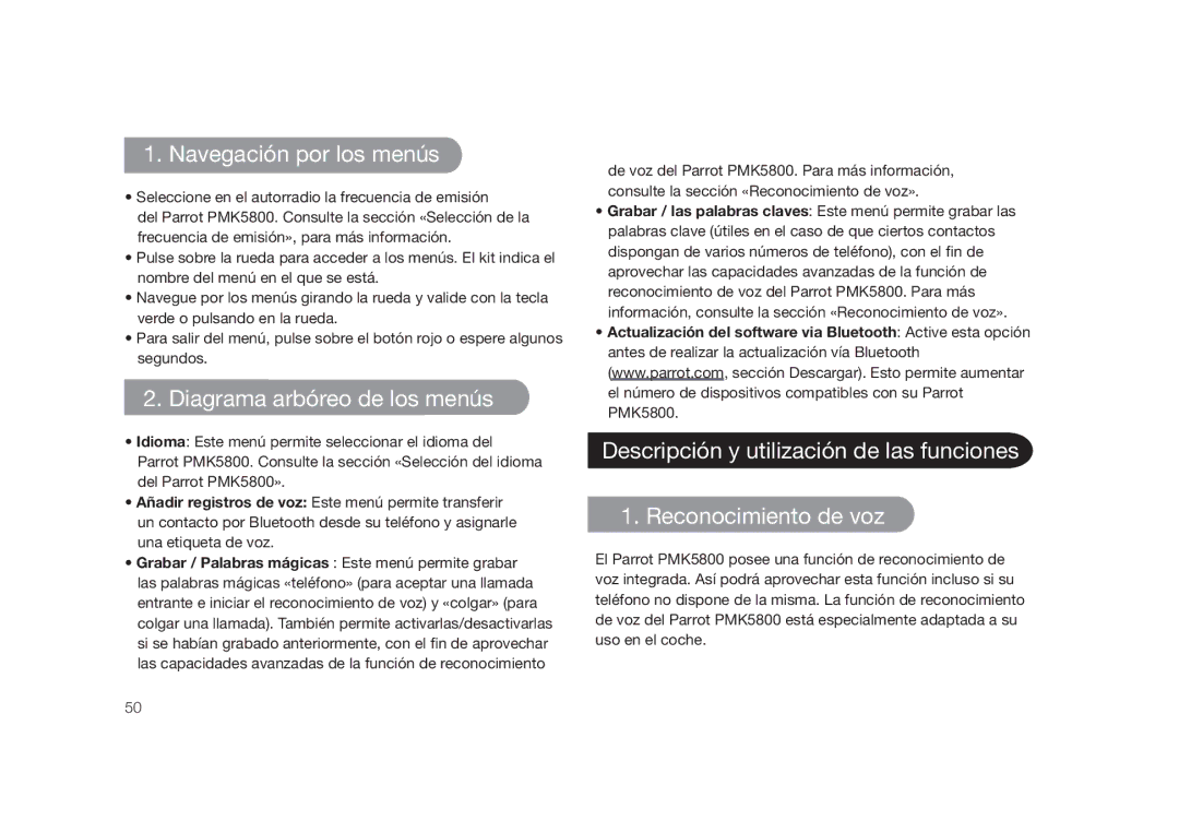 Parrot PMK5800 user manual Navegación por los menús, Diagrama arbóreo de los menús 