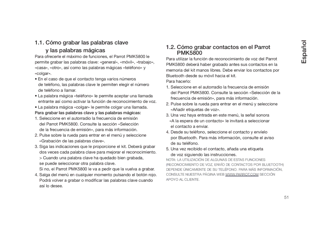 Parrot user manual Cómo grabar las palabras clave y las palabras mágicas, Cómo grabar contactos en el Parrot PMK5800 