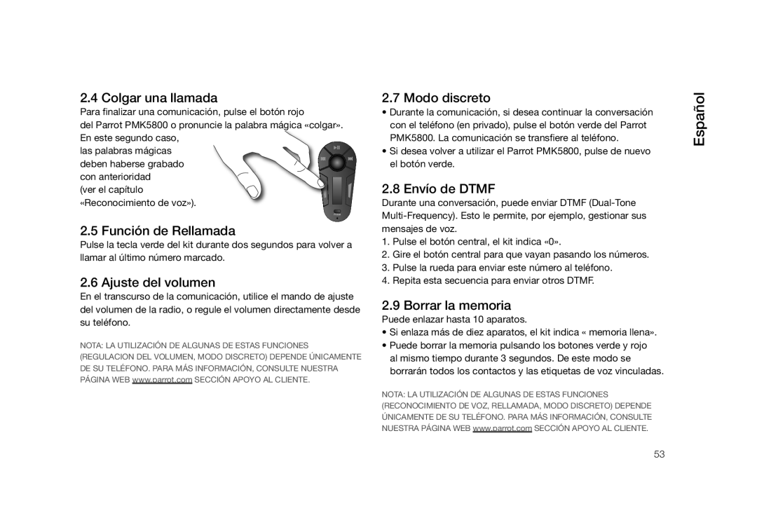 Parrot PMK5800 user manual Colgar una llamada, Función de Rellamada, Ajuste del volumen, Modo discreto, Envío de Dtmf 