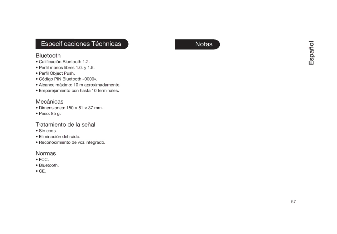 Parrot PMK5800 user manual Especificaciones Téchnicas, Mecánicas, Tratamiento de la señal, Normas 