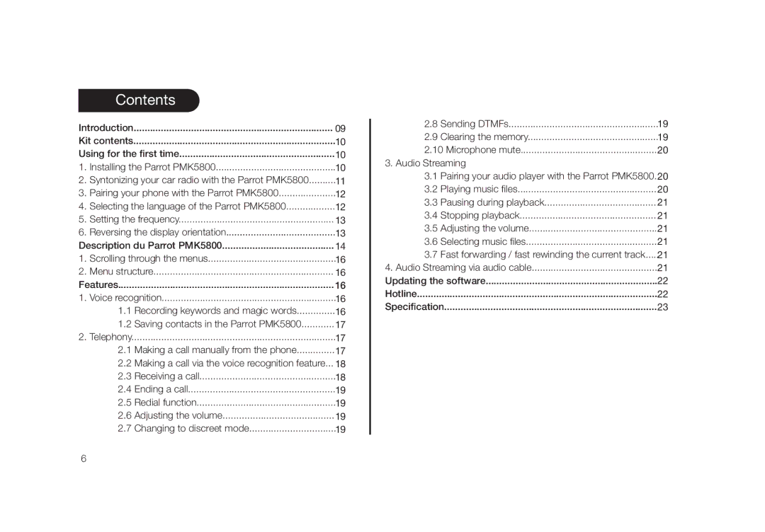 Parrot PMK5800 user manual Contents 