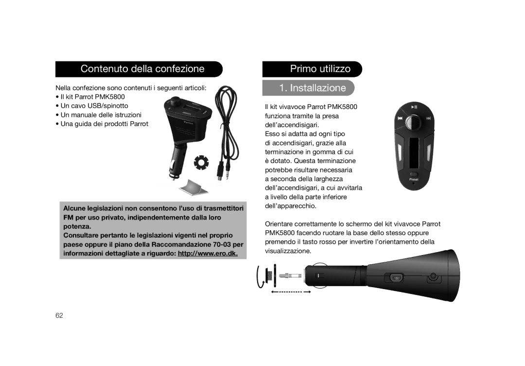 Parrot PMK5800 user manual Contenuto della confezione, Primo utilizzo Installazione 