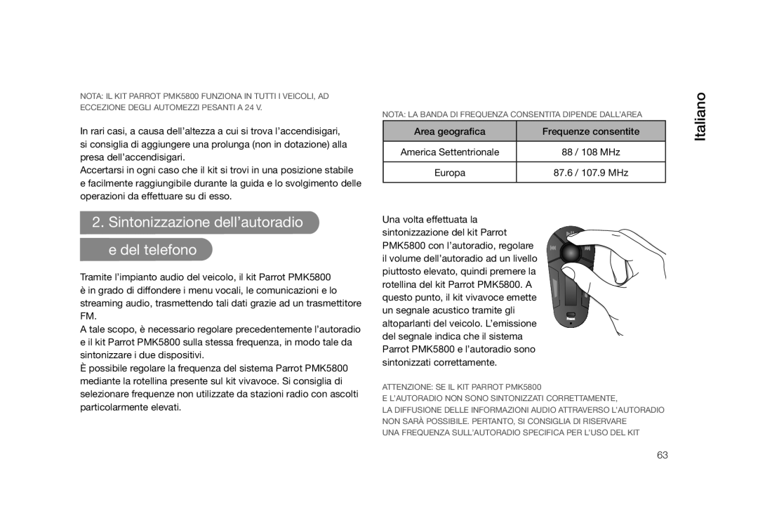 Parrot PMK5800 user manual Sintonizzazione dell’autoradio e del telefono 