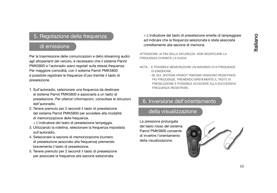 Parrot PMK5800 user manual Regolazione della frequenza di emissione, Inversione dell’orientamento della visualizzazione 