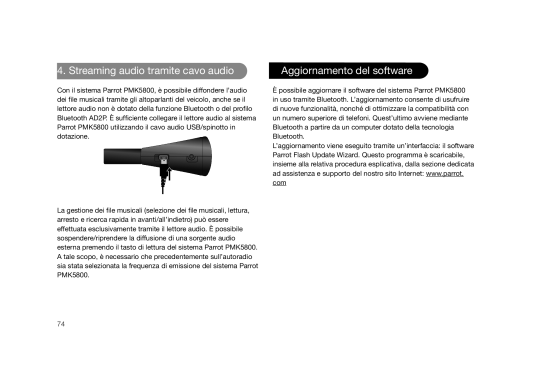 Parrot PMK5800 user manual Streaming audio tramite cavo audio, Aggiornamento del software 