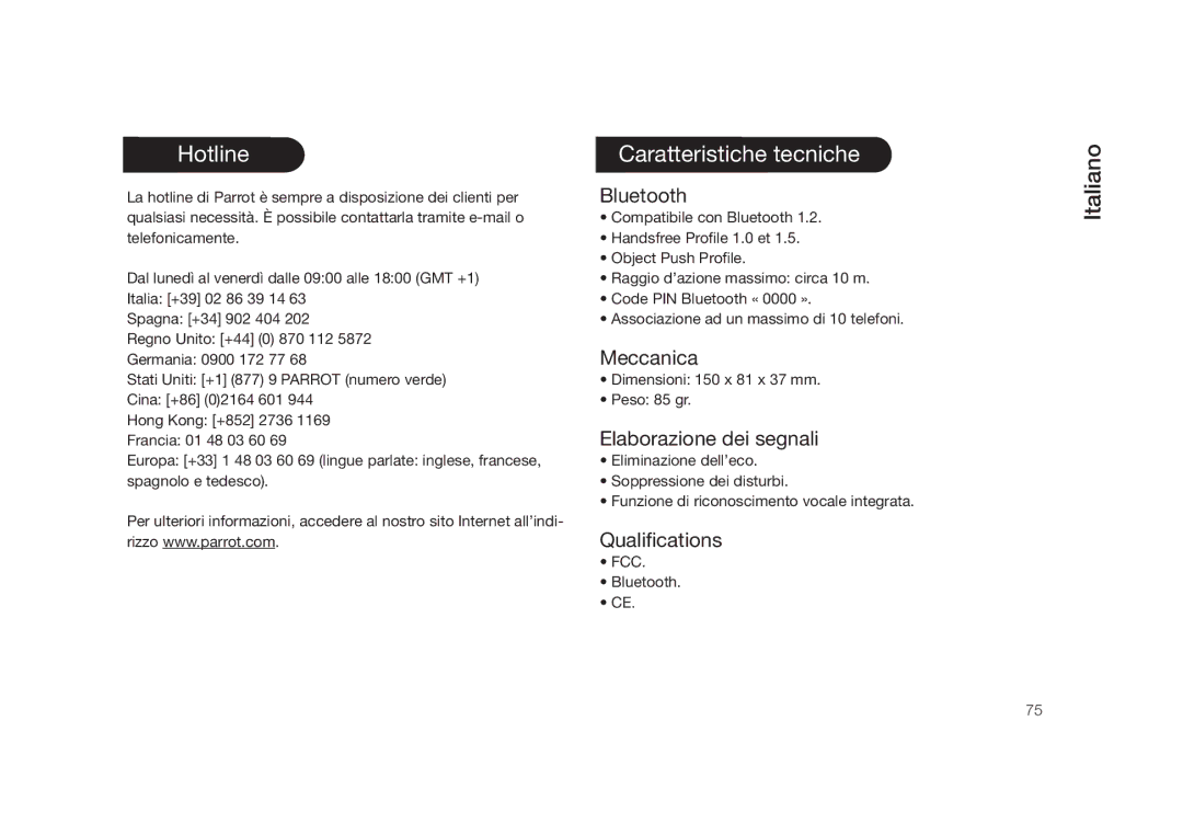 Parrot PMK5800 user manual Hotline Caratteristiche tecniche, Meccanica, Elaborazione dei segnali 