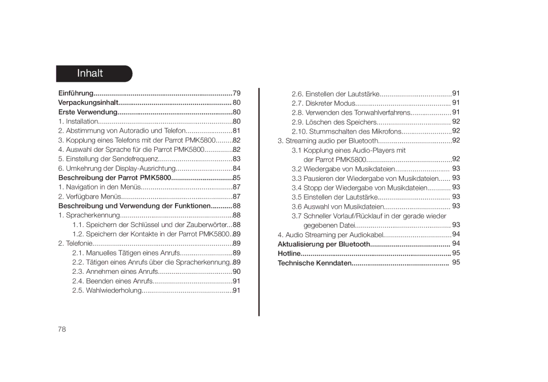 Parrot PMK5800 user manual Inhalt 