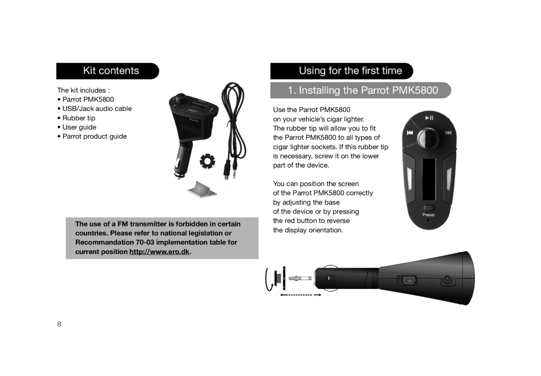 Parrot user manual Kit contents, Using for the first time Installing the Parrot PMK5800 