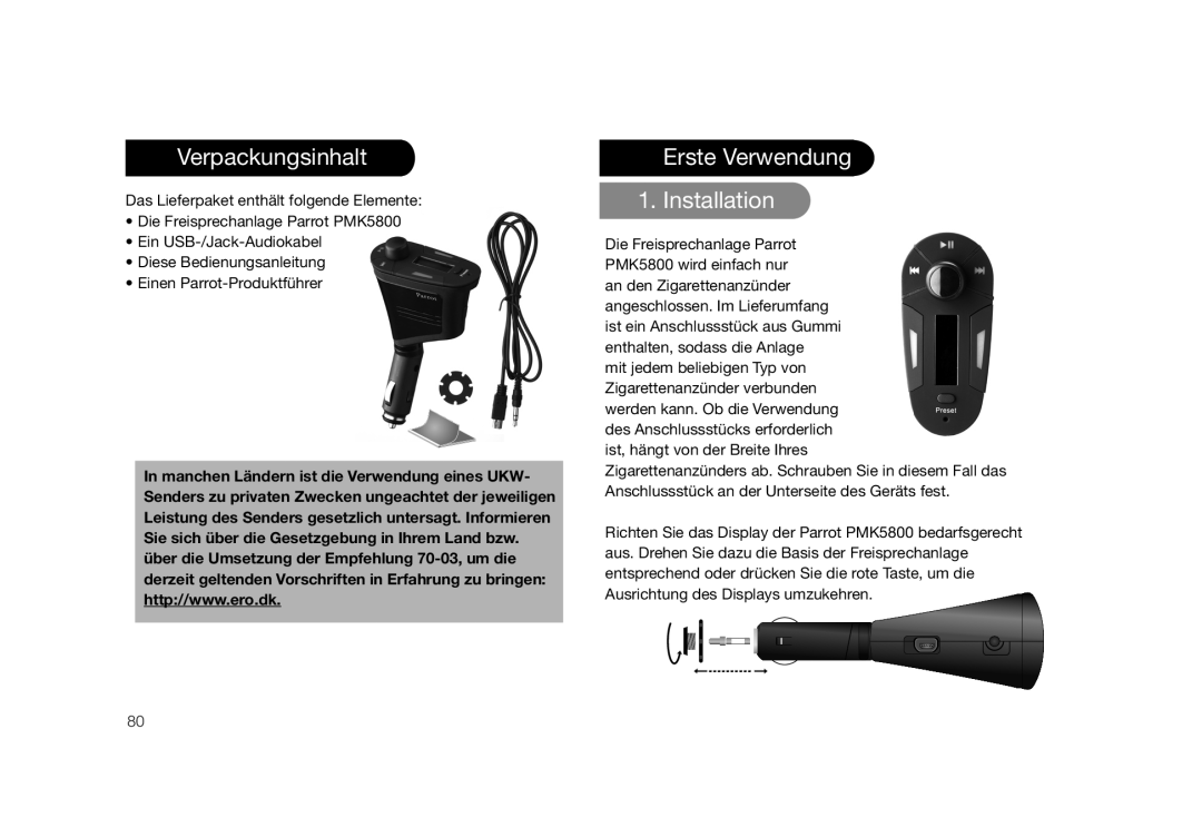 Parrot PMK5800 user manual Verpackungsinhalt, Erste Verwendung Installation 