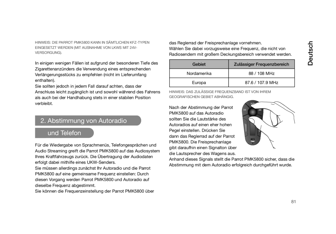 Parrot PMK5800 user manual Abstimmung von Autoradio und Telefon 