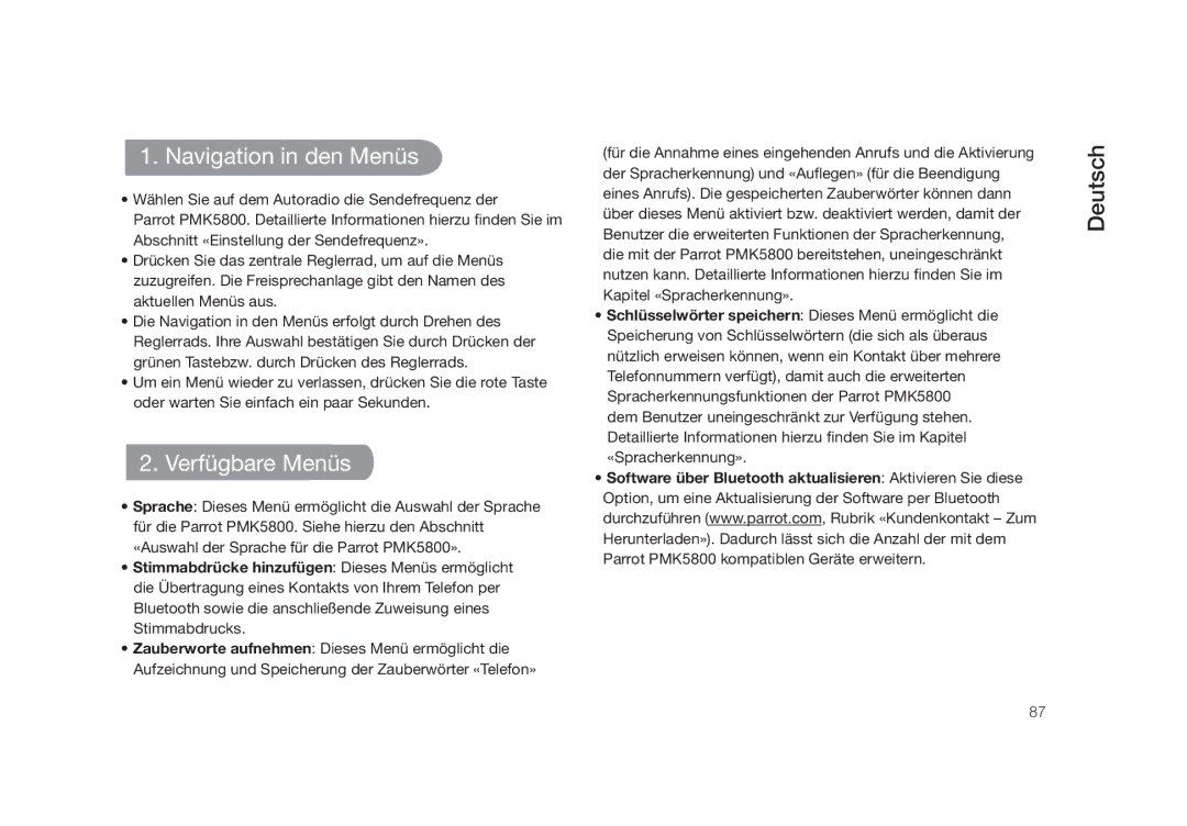 Parrot PMK5800 user manual Navigation in den Menüs, Verfügbare Menüs 