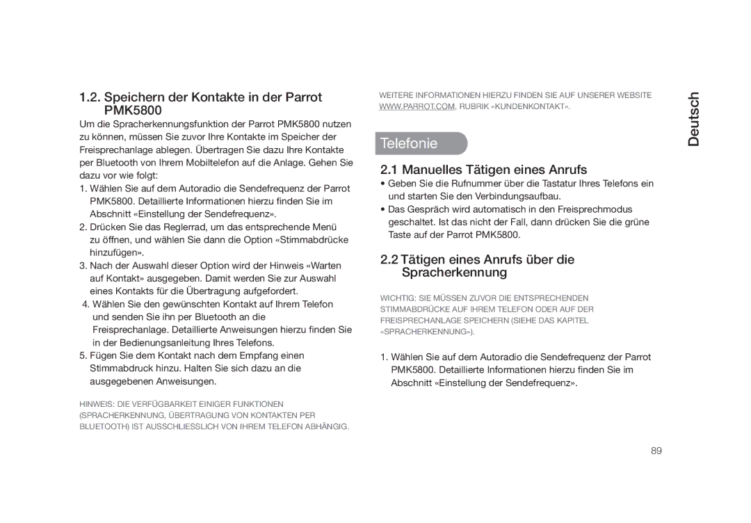 Parrot user manual Telefonie, Speichern der Kontakte in der Parrot PMK5800, Manuelles Tätigen eines Anrufs 