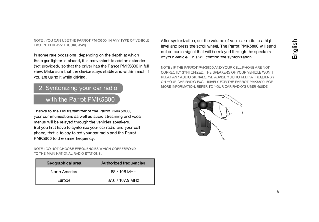 Parrot user manual Syntonizing your car radio with the Parrot PMK5800 