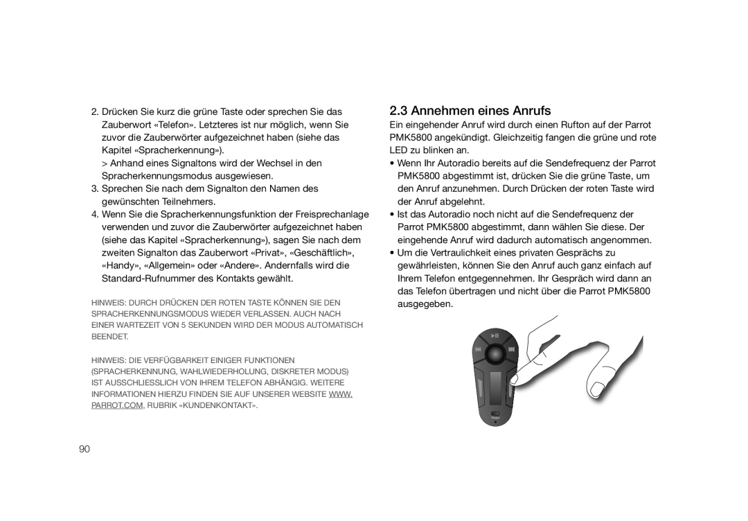 Parrot PMK5800 user manual Annehmen eines Anrufs 