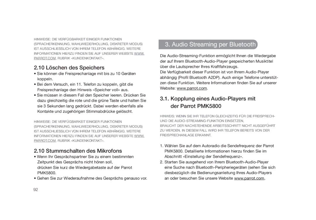 Parrot PMK5800 user manual Audio Streaming per Bluetooth, 10 Löschen des Speichers, Stummschalten des Mikrofons 