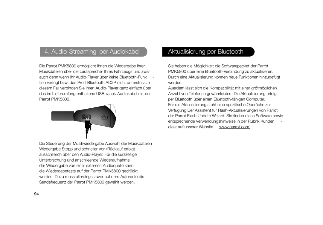 Parrot PMK5800 user manual Audio Streaming per Audiokabel, Aktualisierung per Bluetooth 