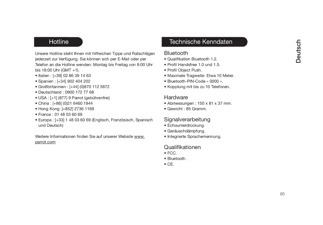 Parrot PMK5800 user manual Hardware, Signalverarbeitung, Qualifikationen 