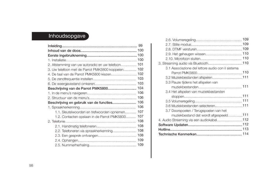 Parrot PMK5800 user manual Inhoudsopgave 