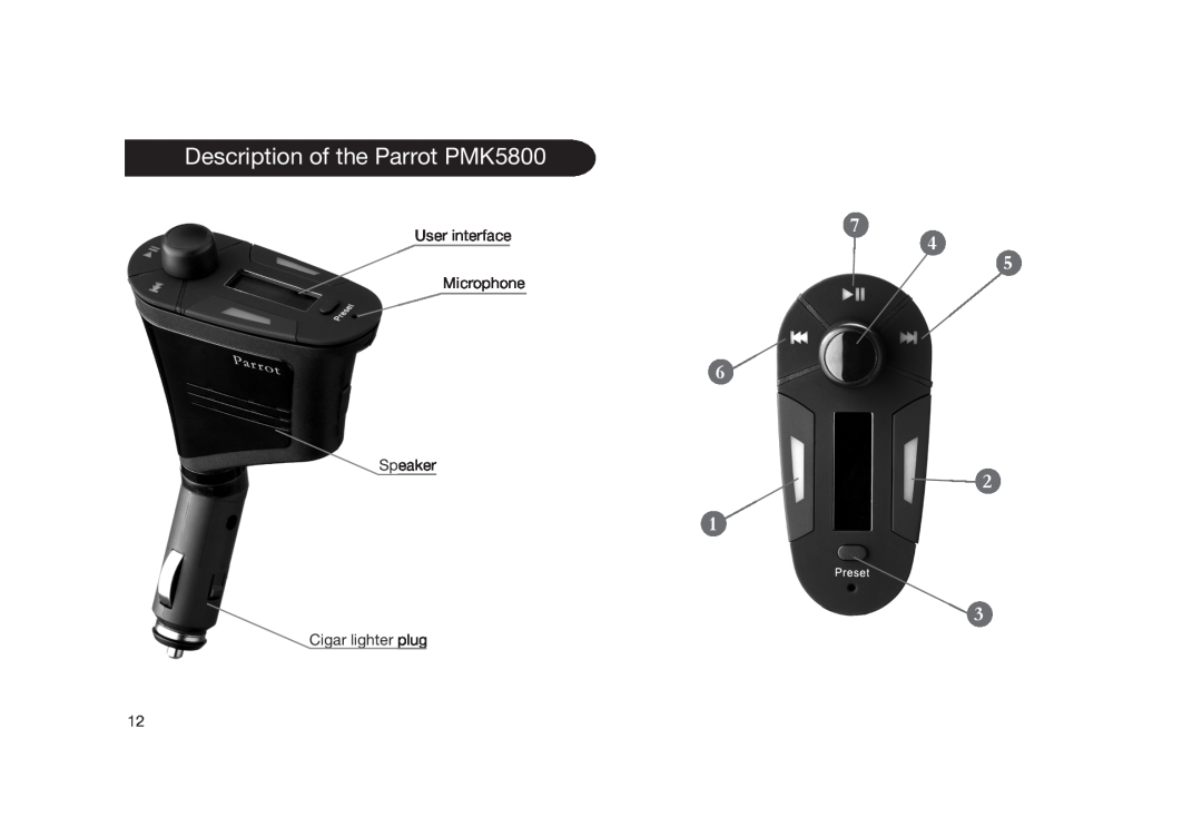 Parrot user manual Description of the Parrot PMK5800, User interface, Microphone 