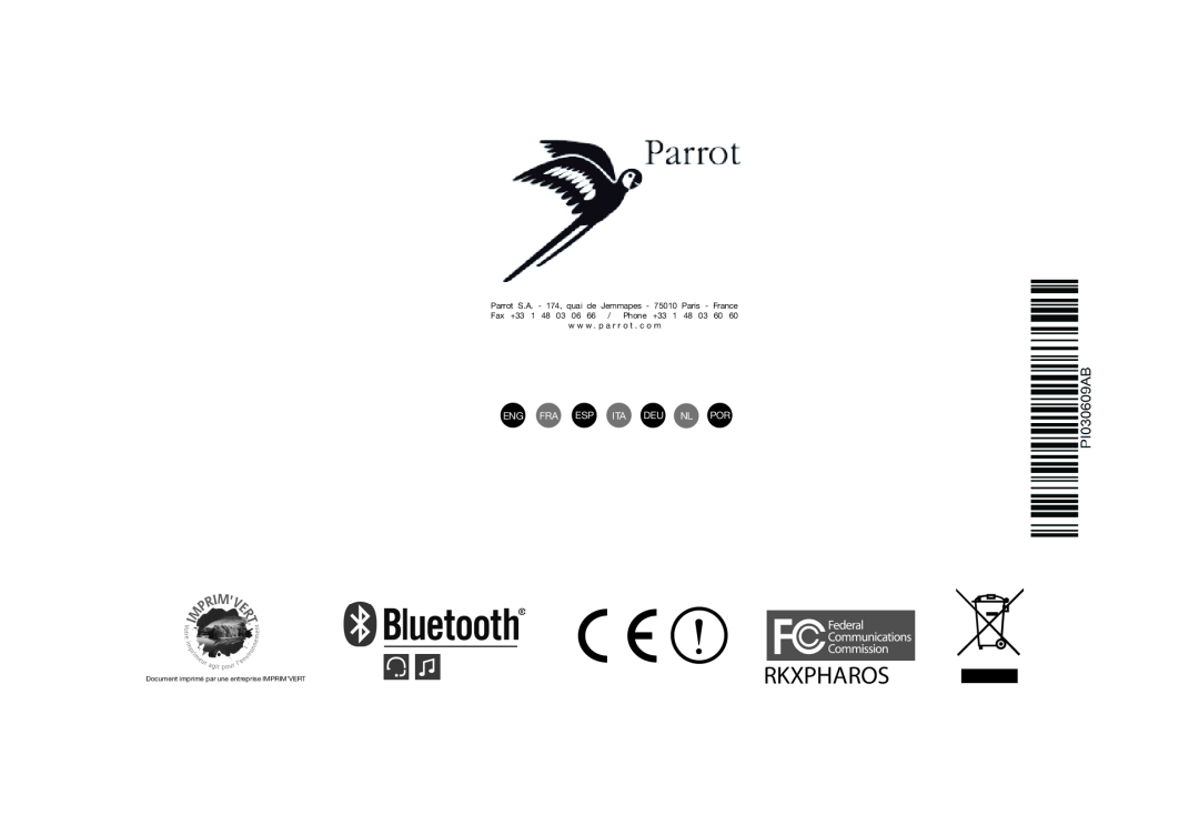 Parrot PMK5800 user manual Rkxpharos, Eng Fra Esp Ita Deu Nl Por, Document imprimé par une entreprise IMPRIM’VERT 