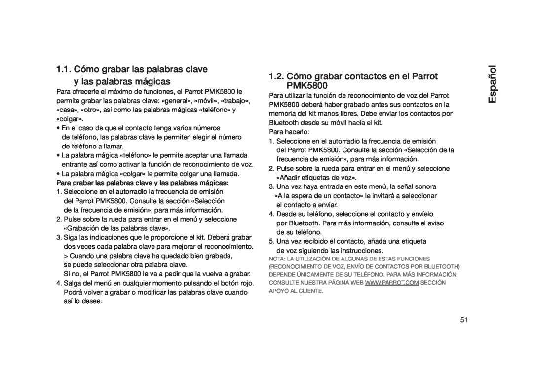Parrot user manual 1.2.Cómo grabar contactos en el Parrot PMK5800, Español 