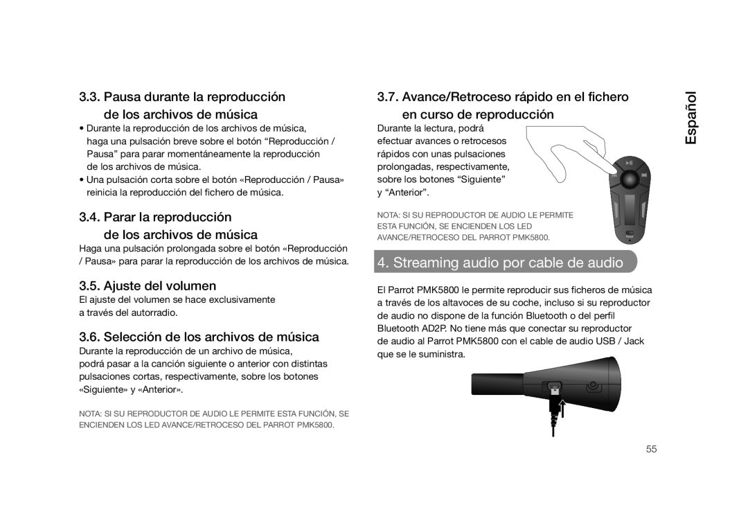 Parrot PMK5800 user manual Streaming audio por cable de audio, Español 