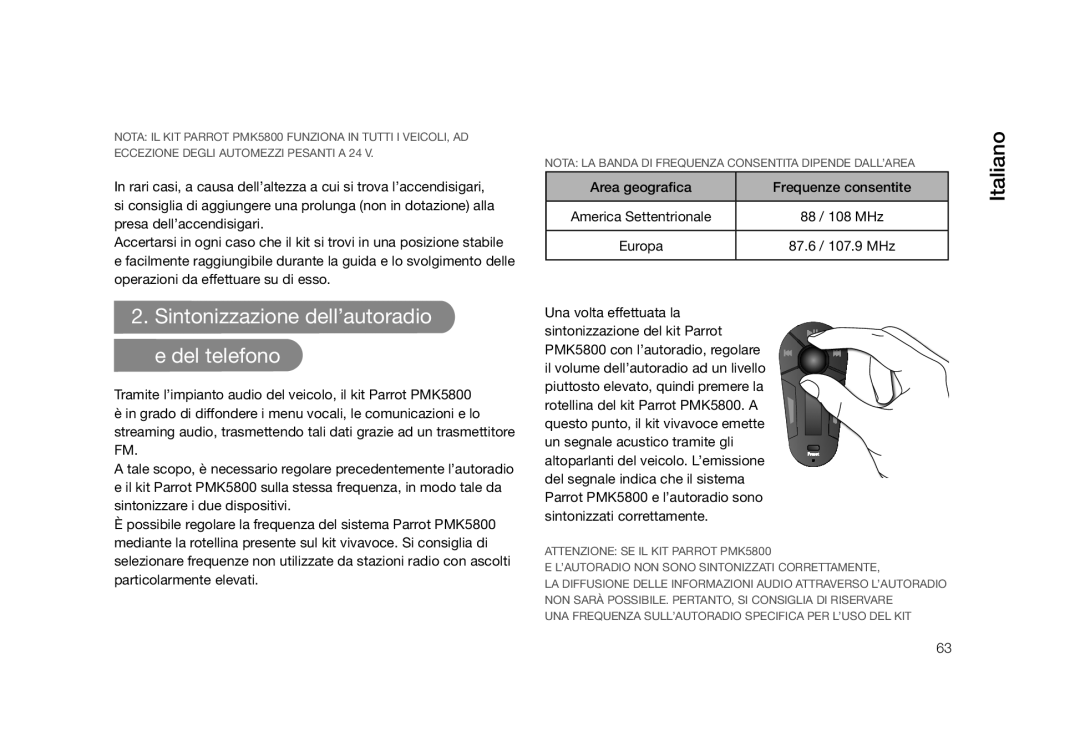 Parrot PMK5800 user manual Sintonizzazione dell’autoradio e del telefono, Italiano 