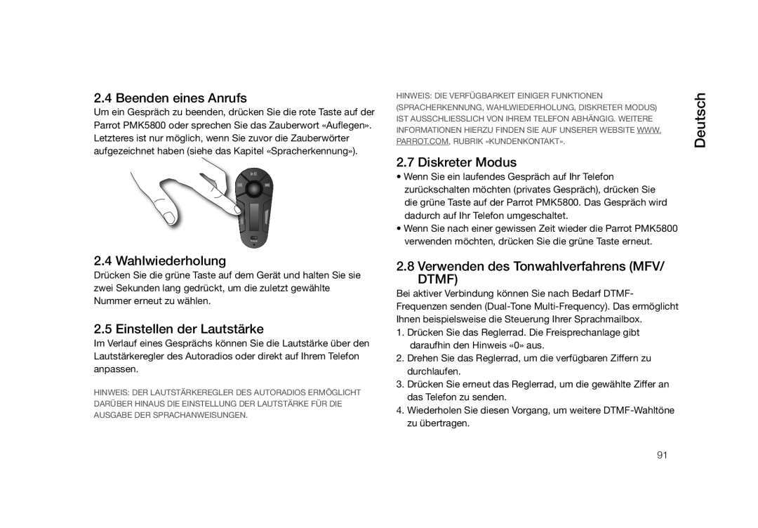 Parrot PMK5800 user manual Beenden eines Anrufs, Wahlwiederholung, Einstellen der Lautstärke, Diskreter Modus, Deutsch 