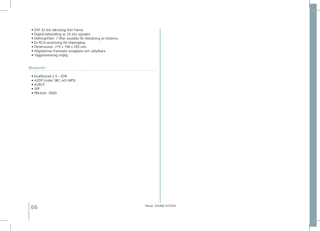 Parrot SOUND SYSTEM user manual Bluetooth, Anteckningar 