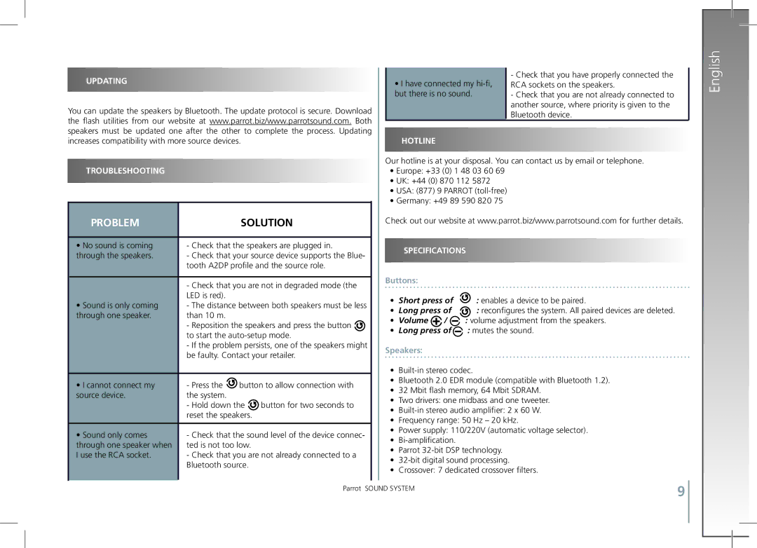 Parrot SOUND SYSTEM user manual Updating, Troubleshooting, Hotline, Specifications 