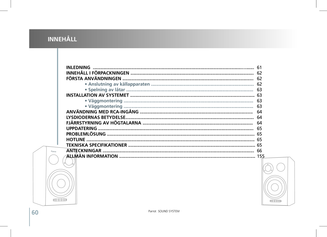 Parrot SOUND SYSTEM user manual Innehåll, Anslutning av källapparaten, Spelning av låtar, Väggmontering 