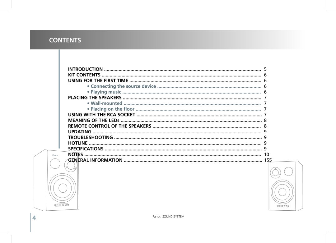 Parrot SOUND SYSTEM user manual Contents, Connecting the source device, Playing music, Wall-mounted, Placing on the floor 