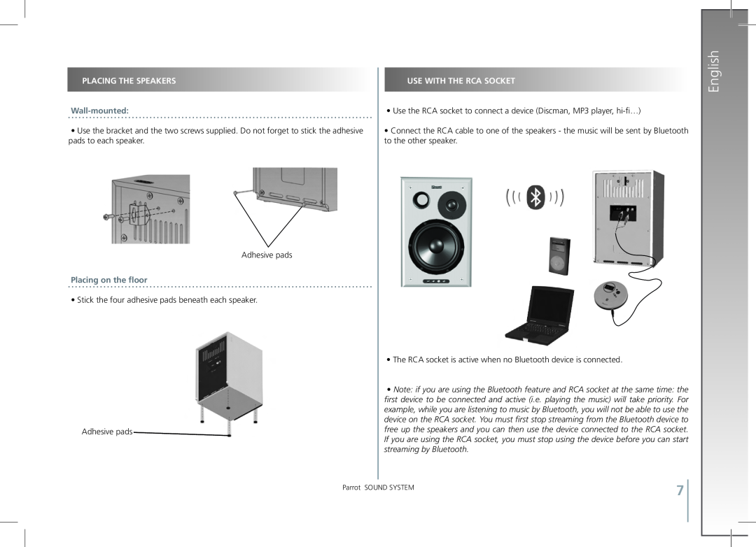 Parrot SOUND SYSTEM user manual English, Placing The Speakers, Wall-mounted, Placing on the floor, Use With The Rca Socket 