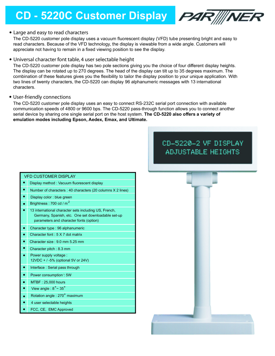 Partner Tech CD-5220 manual CD 5220C Customer Display, Large and easy to read characters, User-friendly connections 